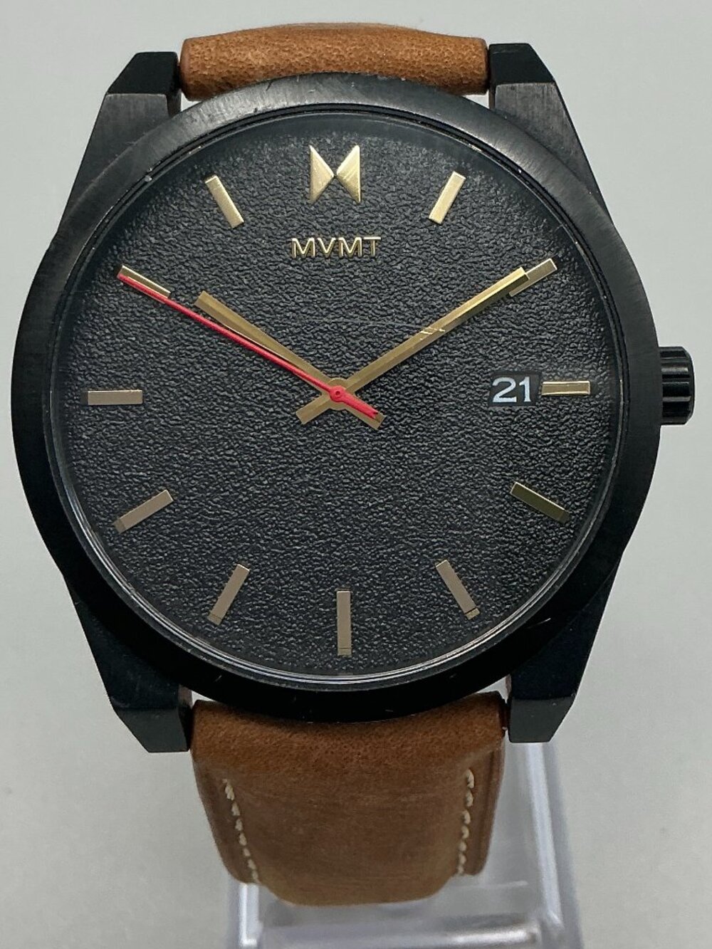 MVMT Element Caviar Black Watch Mens 43mm Black Dial Gold Tone Date Leather